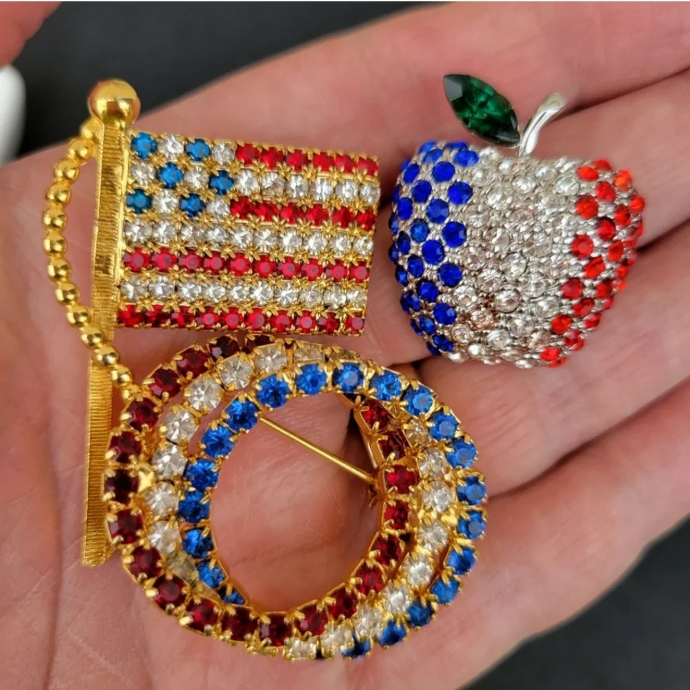 Patriotic Brooch Trio ~ Red, White & Blue ~ Flag, Apple, Circles ~ July 4th ~ US